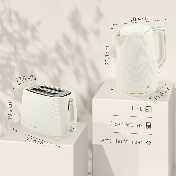 Conjunto de Torradeira e Jarro Elétrico Jarro de Água Elétrico de Aço Inoxidável 2200W 1,7L Torradeira de Pão com Ranura Larga para 2 Fatias 3 Funções Creme
