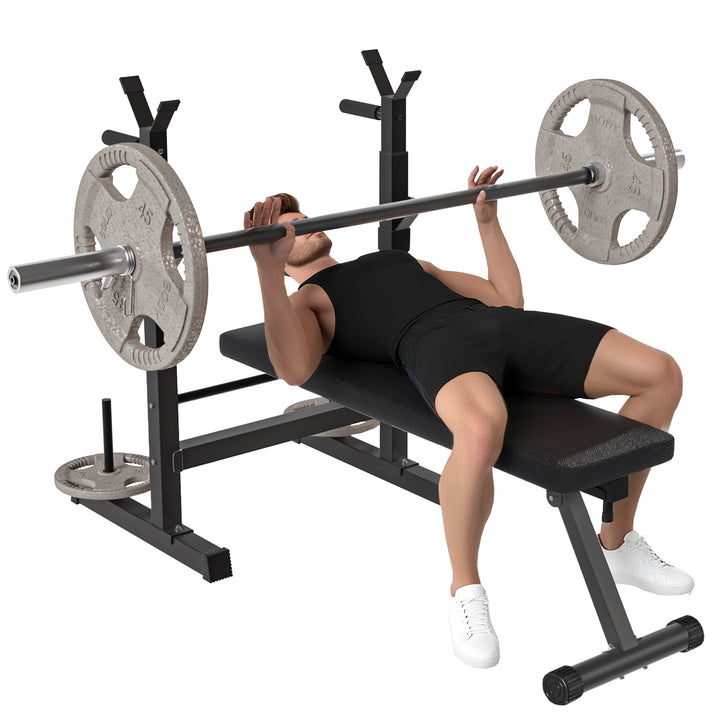 Banco de Musculação Multifuncional Dobrável Banco de Pesos com Suporte para Barras Ajustável e Estação de Dips Carga 150 kg para Treino Completo em Casa ou Ginásio