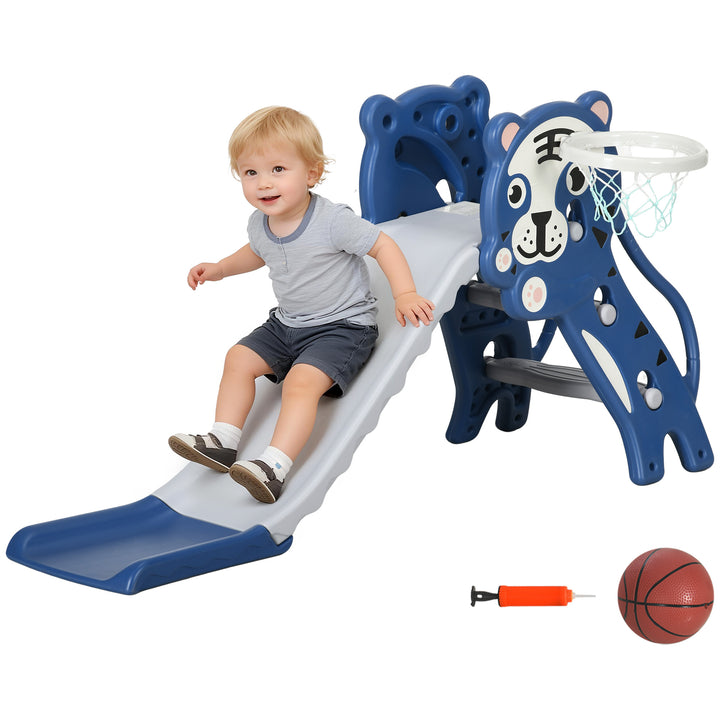 Escorrega para Crianças 2 em 1 Escorrega para Crianças de 18 a 36 Meses com 2 Degraus Cesta de Basquetebol e Desenho de Tigre para Interior 133x60x70 cm Azul e Cinza