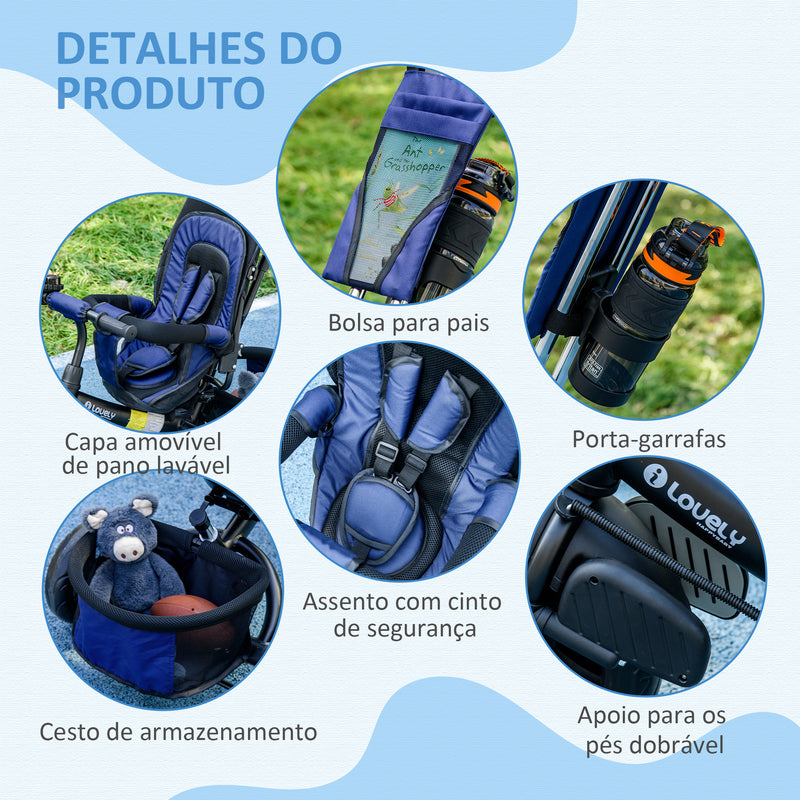 Triciclo para Bebés 2 em 1 Triciclo Evolutivo para Crianças de +12 Meses com Capota Dobrável Guiador Telescópico e Removível Bolsa e Porta-garrafas Azul Marrinho