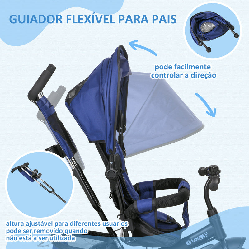 Triciclo para Bebés 2 em 1 Triciclo Evolutivo para Crianças de +12 Meses com Capota Dobrável Guiador Telescópico e Removível Bolsa e Porta-garrafas Azul Marrinho