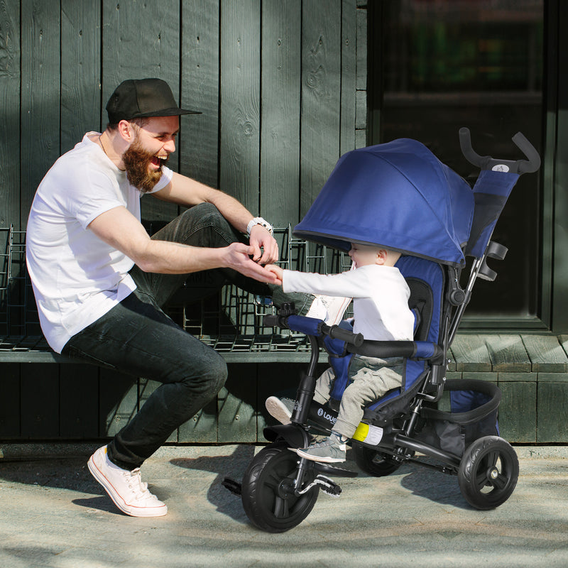 Triciclo para Bebés 2 em 1 Triciclo Evolutivo para Crianças de +12 Meses com Capota Dobrável Guiador Telescópico e Removível Bolsa e Porta-garrafas Azul Marrinho