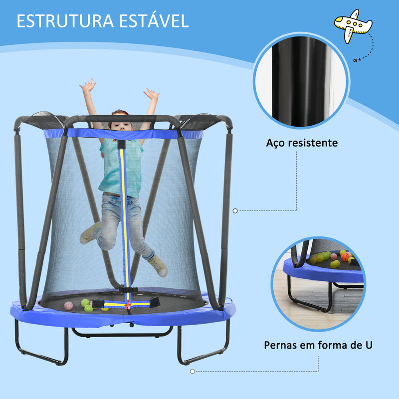 Trampolim Infantil Ø140x155 cm Trampolim para Crianças de 3-10 Anos com Rede de Segurança Cesta de Basquetebol e 20 Bolas de Plástico para Interior Azul