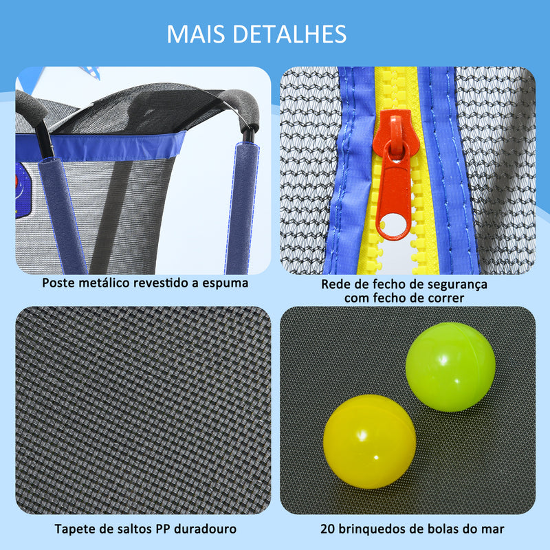 Trampolim Infantil Ø140x155 cm Trampolim para Crianças de 3-10 Anos com Rede de Segurança Cesta de Basquetebol e 20 Bolas de Plástico para Interior Azul