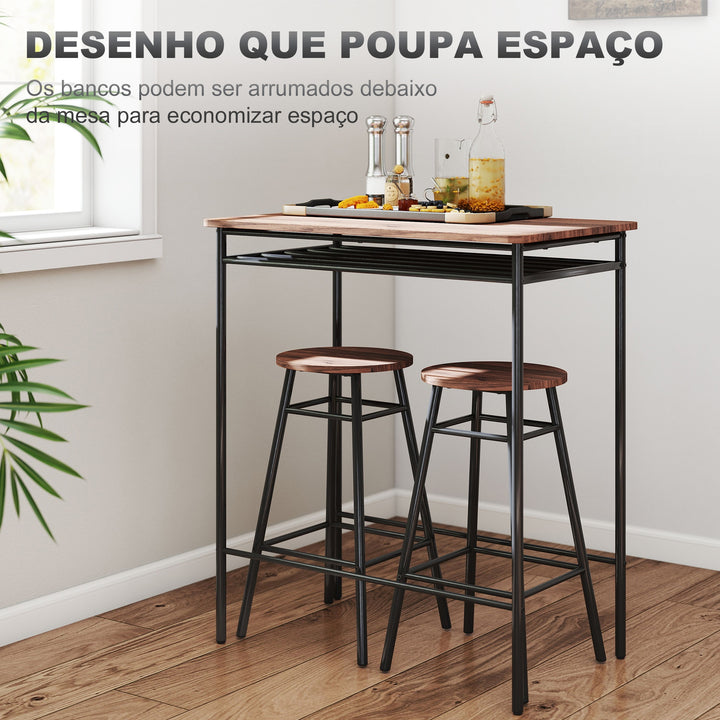 Conjunto de Mesa e Bancos de Bar Mesa Alta de Cozinha com 2 Bancos Industrial Prateleira Aberta Apoio para Pés Economia de Espaço para Espaços Reduzidos Sala de Estar Castanho
