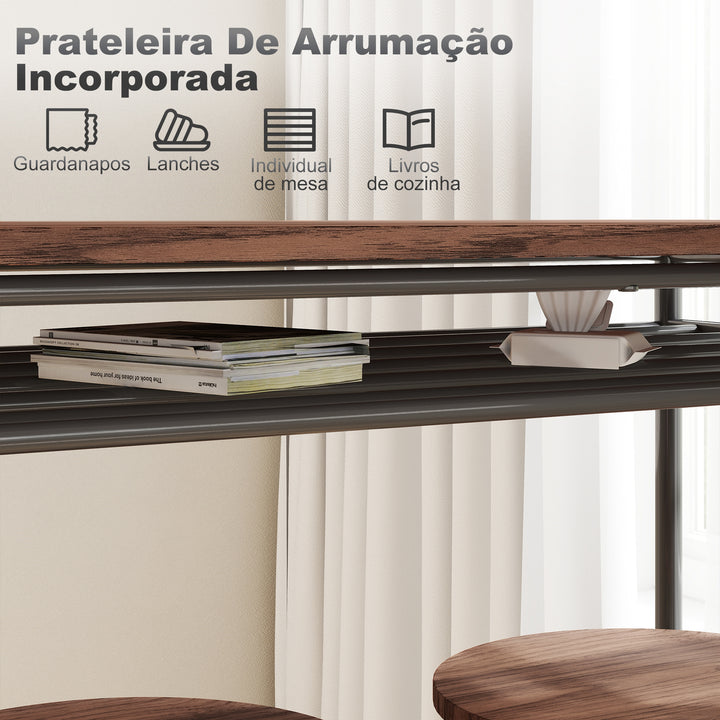 Conjunto de Mesa e Bancos de Bar Mesa Alta de Cozinha com 2 Bancos Industrial Prateleira Aberta Apoio para Pés Economia de Espaço para Espaços Reduzidos Sala de Estar Castanho