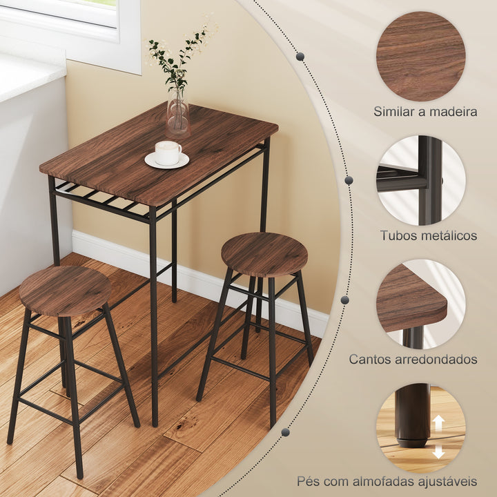 Conjunto de Mesa e Bancos de Bar Mesa Alta de Cozinha com 2 Bancos Industrial Prateleira Aberta Apoio para Pés Economia de Espaço para Espaços Reduzidos Sala de Estar Castanho