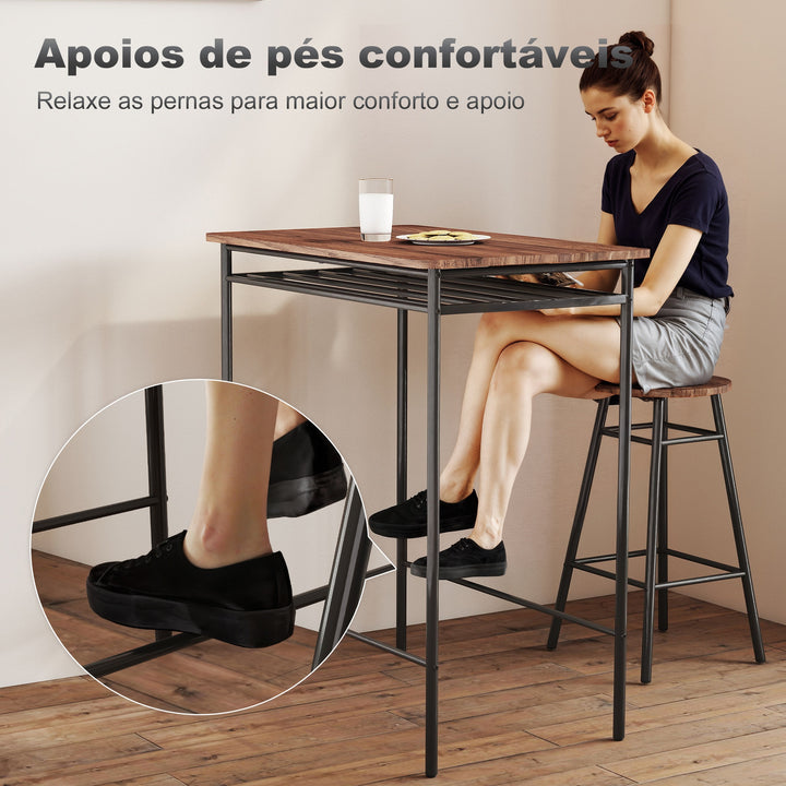 Conjunto de Mesa e Bancos de Bar Mesa Alta de Cozinha com 2 Bancos Industrial Prateleira Aberta Apoio para Pés Economia de Espaço para Espaços Reduzidos Sala de Estar Castanho