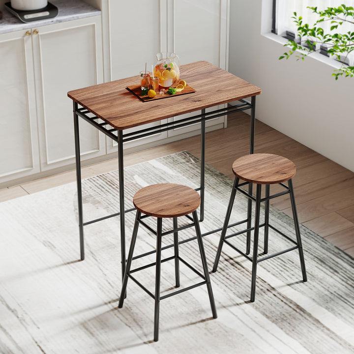 Conjunto de Mesa e Bancos de Bar Mesa Alta de Cozinha com 2 Bancos Industrial Prateleira Aberta Apoio para Pés Economia de Espaço para Espaços Reduzidos Sala de Estar Castanho