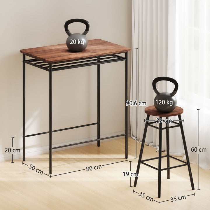 Conjunto de Mesa e Bancos de Bar Mesa Alta de Cozinha com 2 Bancos Industrial Prateleira Aberta Apoio para Pés Economia de Espaço para Espaços Reduzidos Sala de Estar Castanho