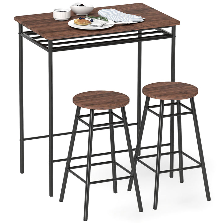 Conjunto de Mesa e Bancos de Bar Mesa Alta de Cozinha com 2 Bancos Industrial Prateleira Aberta Apoio para Pés Economia de Espaço para Espaços Reduzidos Sala de Estar Castanho
