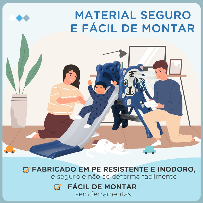 Escorrega para Crianças 2 em 1 Escorrega para Crianças de 18 a 36 Meses com 2 Degraus Cesta de Basquetebol e Desenho de Tigre para Interior 133x60x70 cm Azul e Cinza