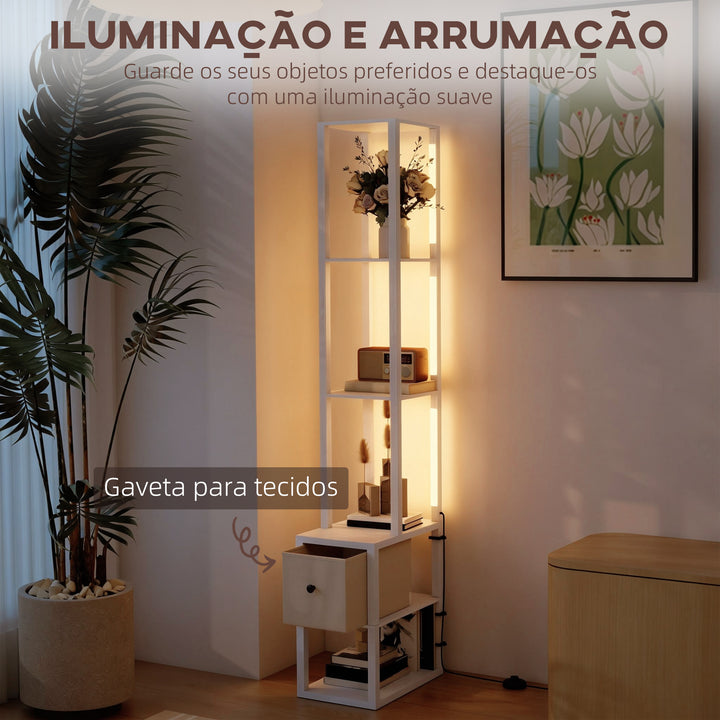 Candeeiro de Pé Moderno 169 cm com Prateleiras Abertas Candeeiro de Pé para Sala de Estar com Gaveta de Tecido e Interruptor de Pé Branco