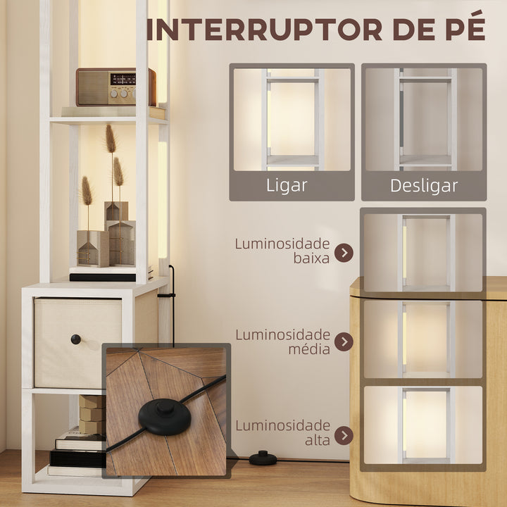 Candeeiro de Pé Moderno 169 cm com Prateleiras Abertas Candeeiro de Pé para Sala de Estar com Gaveta de Tecido e Interruptor de Pé Branco