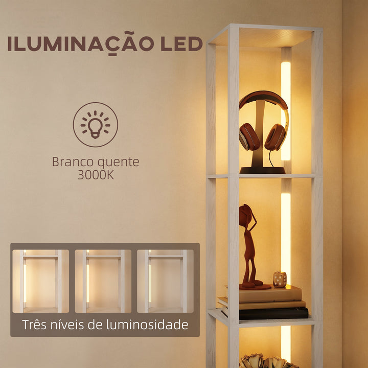 Candeeiro de Pé Moderno 169 cm com Prateleiras Abertas Candeeiro de Pé para Sala de Estar com Gaveta de Tecido e Interruptor de Pé Branco