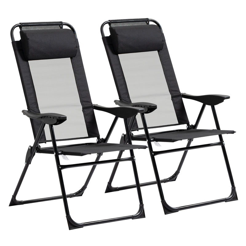 2 Piece Folding Patio Chairs Set, Camping Chair Set of 2 with Adjustable Sling Back, Removable Headrest, Armrest for Garden, Backyard, Lawn, Black