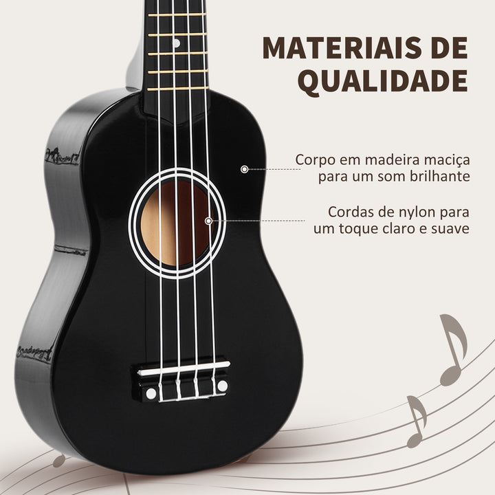 Ukelele de 21 Polegada para Iniciantes com Cordas de Nylon 53X17,5X6,2 cm Preto