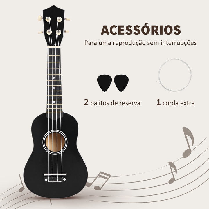 Ukelele de 21 Polegada para Iniciantes com Cordas de Nylon 53X17,5X6,2 cm Preto