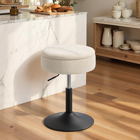 Banco de Bar com Armazenamento Altura Ajustável Banco de Cozinha Redondo Giratório Estofado em Chenilla Base em Aço Acolchoado para Sala de Estar Sala de Jantar Escritório 39x39x49-65 cm Bege