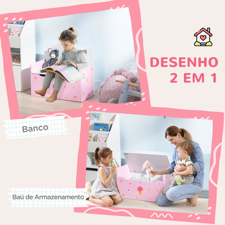 Baú Infantil 2 em 1 Baú de Armazenamento Organizador de Brinquedos para Crianças acima de 18 Meses com Tampa de Fechamento Seguro para Dormitório Sala de Jogos Carga 50kg 60x30x50cm Rosa