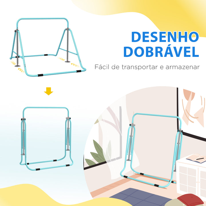 Barra de Ginástica Artística Barra Horizontal Dobrável com Altura Ajustável Equipamento de Ginástica para Treino em Casa para Crianças 154x106,2x88,5-128,5 cm Azul Celeste