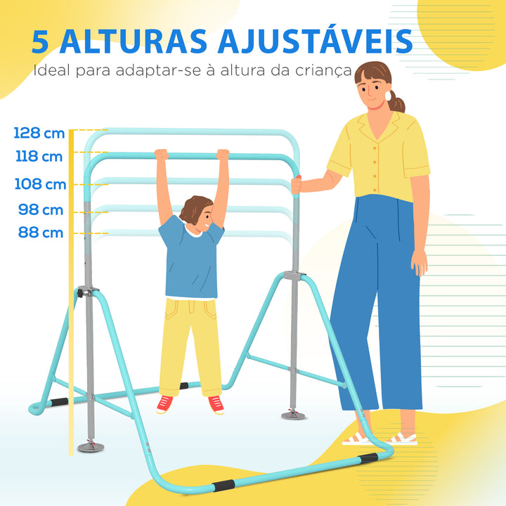 Barra de Ginástica Artística Barra Horizontal Dobrável com Altura Ajustável Equipamento de Ginástica para Treino em Casa para Crianças 154x106,2x88,5-128,5 cm Azul Celeste