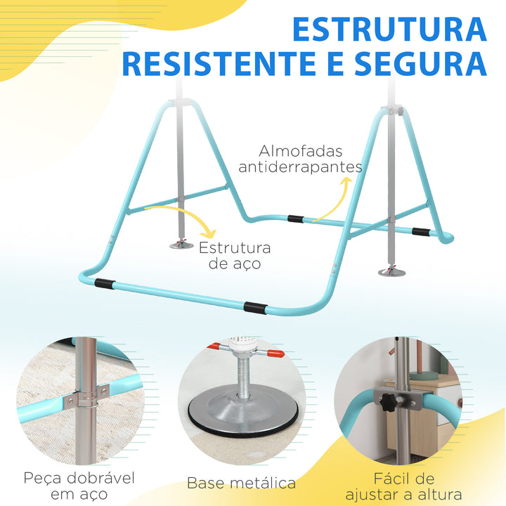 Barra de Ginástica Artística Barra Horizontal Dobrável com Altura Ajustável Equipamento de Ginástica para Treino em Casa para Crianças 154x106,2x88,5-128,5 cm Azul Celeste