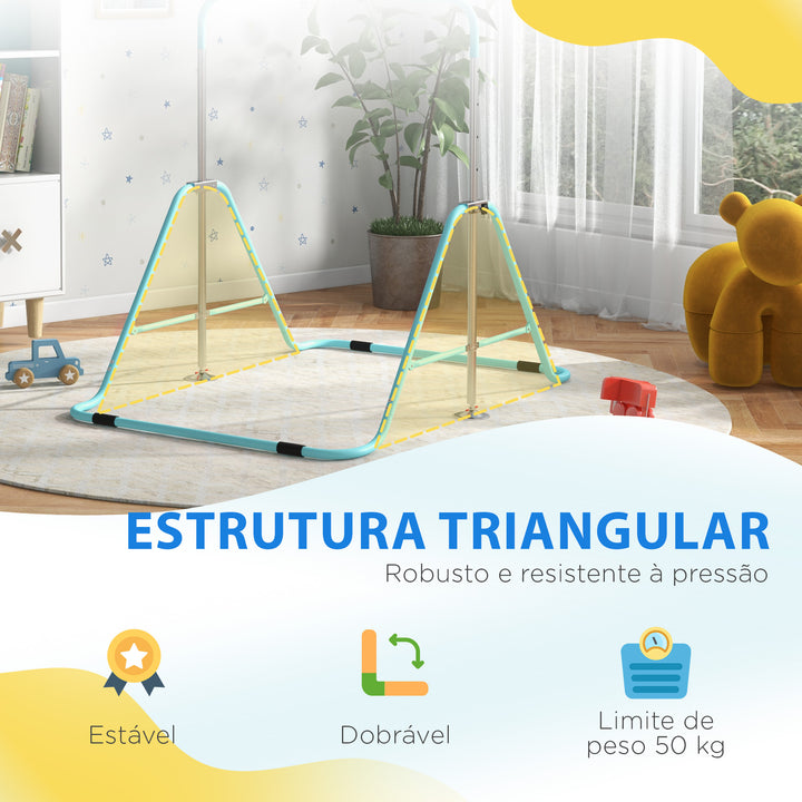 Barra de Ginástica Artística Barra Horizontal Dobrável com Altura Ajustável Equipamento de Ginástica para Treino em Casa para Crianças 154x106,2x88,5-128,5 cm Azul Celeste