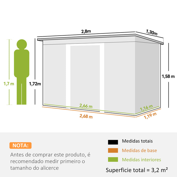 Barracão de jardim tipo galpão de metal para armazenamento de ferramentas 277x130x173cm Aço verde