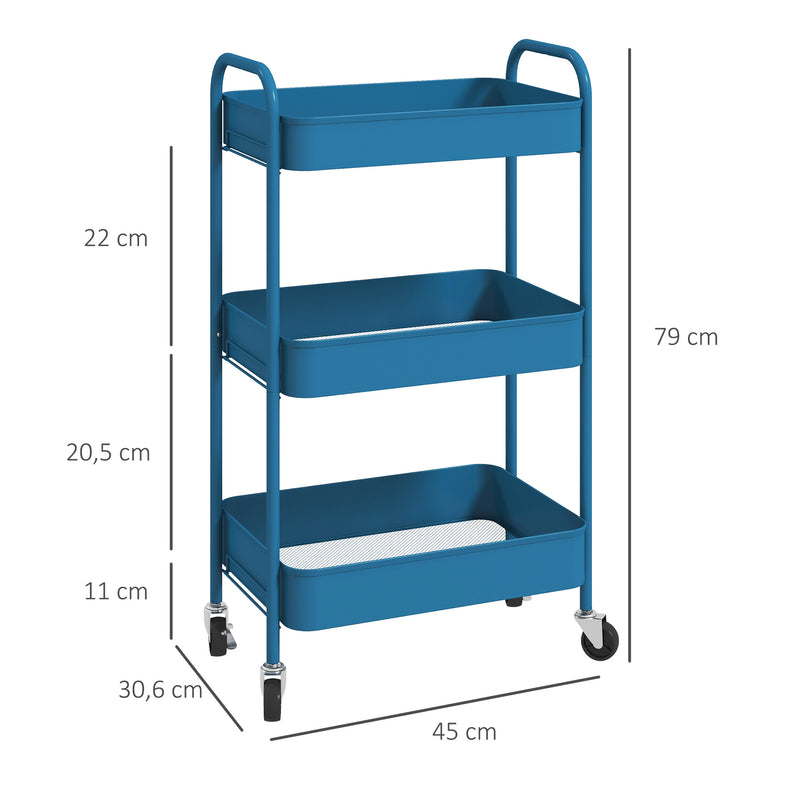 Carrinho Auxiliar de 3 Níveis com Rodas Carrinho de Armazenamento Deslizante com 3 Prateleiras 4 Rodas e 2 Travões para Cozinha Sala 45x30.6x79 cm Azul Escuro