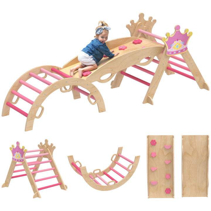 Conjunto de Escalada em Madeira Estrutura Montessori de Escalada Tema de Coroa com Arco e Rampa para Deslizar ou Escalar para Crianças de 18-48 Meses Interior Rosa