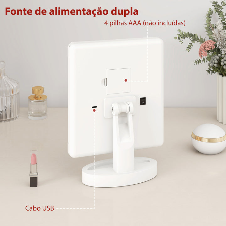 Espelho de Maquilhagem com Luz Espelho de Toucador Triplo com Aumento 1x/2x/3x Rotação Livre de 180° 21 Luzes LED Interruptor Tátil Fonte de Alimentação Dupla Branco
