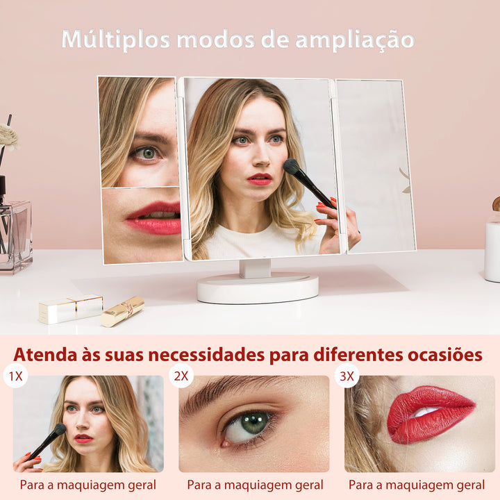 Espelho de Maquilhagem com Luz Espelho de Toucador Triplo com Aumento 1x/2x/3x Rotação Livre de 180° 21 Luzes LED Interruptor Tátil Fonte de Alimentação Dupla Branco