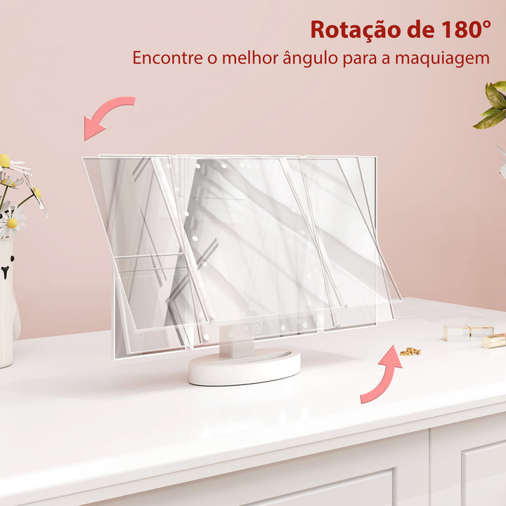 Espelho de Maquilhagem com Luz Espelho de Toucador Triplo com Aumento 1x/2x/3x Rotação Livre de 180° 21 Luzes LED Interruptor Tátil Fonte de Alimentação Dupla Branco