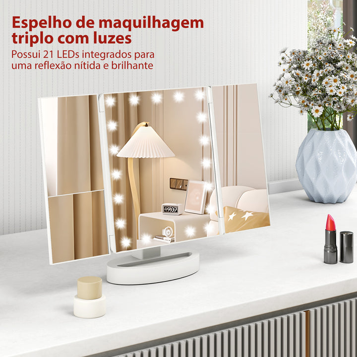 Espelho de Maquilhagem com Luz Espelho de Toucador Triplo com Aumento 1x/2x/3x Rotação Livre de 180° 21 Luzes LED Interruptor Tátil Fonte de Alimentação Dupla Branco