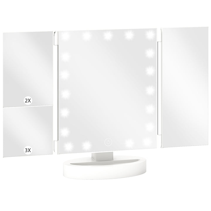 Espelho de Maquilhagem com Luz Espelho de Toucador Triplo com Aumento 1x/2x/3x Rotação Livre de 180° 21 Luzes LED Interruptor Tátil Fonte de Alimentação Dupla Branco