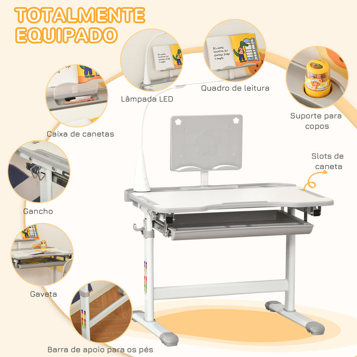Conjunto de Secretária e Mesa para Crianças acima de 6 Anos Secretária Infantil com Altura Ajustável Mesa Inclinável Lâmpada Gaveta e Prateleira para Livros Cinza
