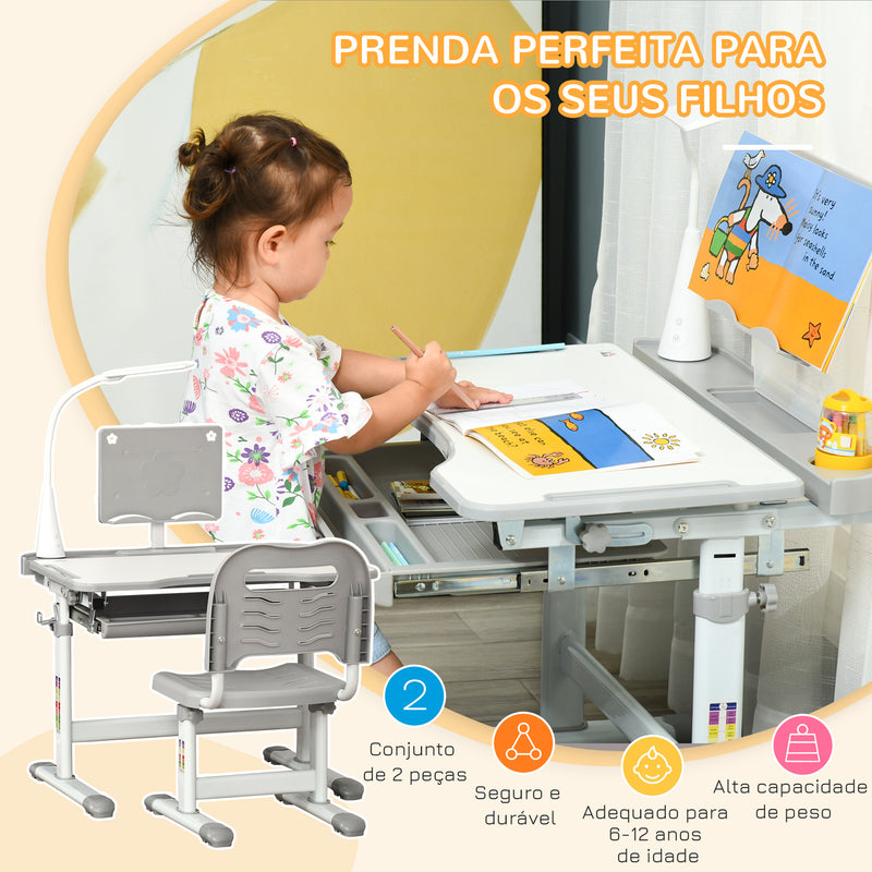 Conjunto de Secretária e Mesa para Crianças acima de 6 Anos Secretária Infantil com Altura Ajustável Mesa Inclinável Lâmpada Gaveta e Prateleira para Livros Cinza