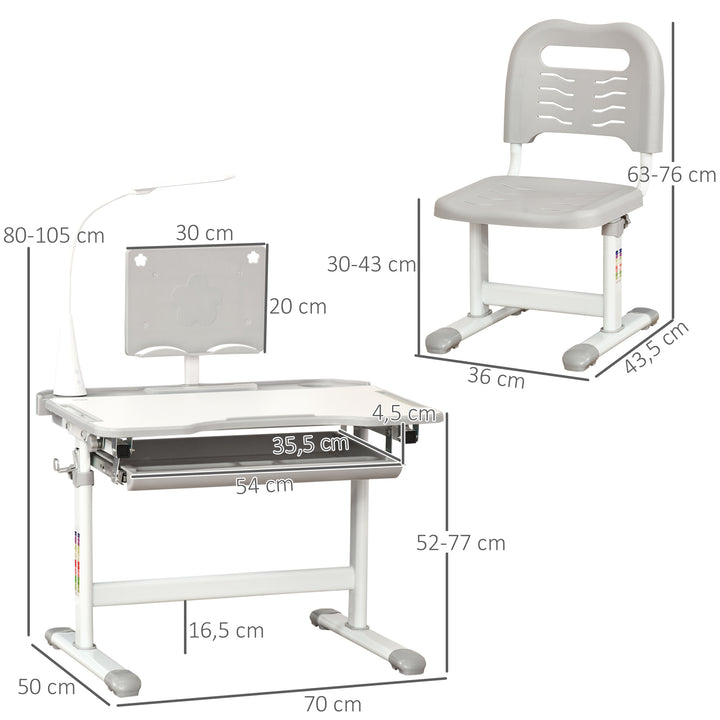 Conjunto de Secretária e Mesa para Crianças acima de 6 Anos Secretária Infantil com Altura Ajustável Mesa Inclinável Lâmpada Gaveta e Prateleira para Livros Cinza
