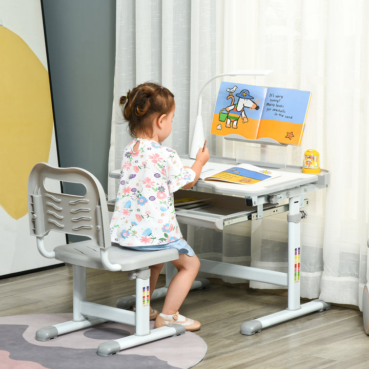 Conjunto de Secretária e Mesa para Crianças acima de 6 Anos Secretária Infantil com Altura Ajustável Mesa Inclinável Lâmpada Gaveta e Prateleira para Livros Cinza