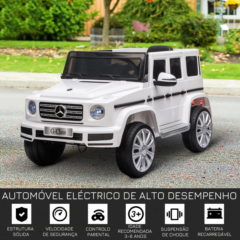 Carro Elétrico para Crianças acima de 3 Anos BENZ G500 Todo-o-Terreno com Bateria 12V Veículo Elétrico com Controlo Remoto Música Buzina Velocidade 3-5 km/h Carga 30 kg Branco