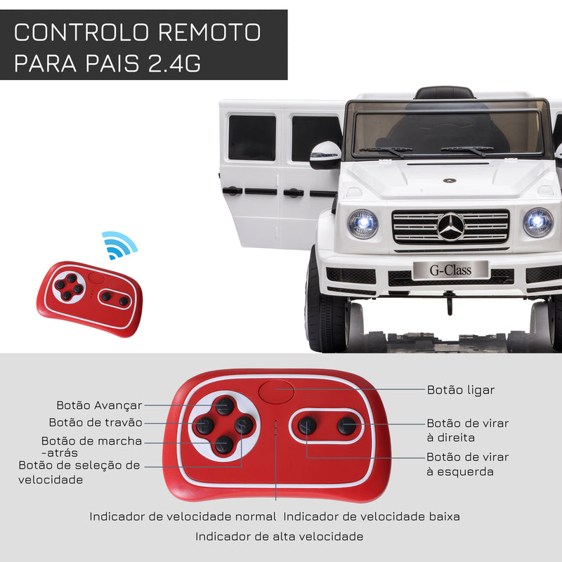 Carro Elétrico para Crianças acima de 3 Anos BENZ G500 Todo-o-Terreno com Bateria 12V Veículo Elétrico com Controlo Remoto Música Buzina Velocidade 3-5 km/h Carga 30 kg Branco