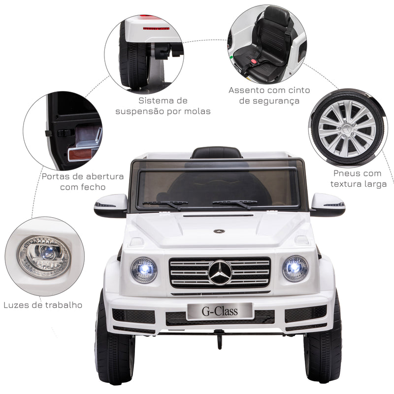 Carro Elétrico para Crianças acima de 3 Anos BENZ G500 Todo-o-Terreno com Bateria 12V Veículo Elétrico com Controlo Remoto Música Buzina Velocidade 3-5 km/h Carga 30 kg Branco