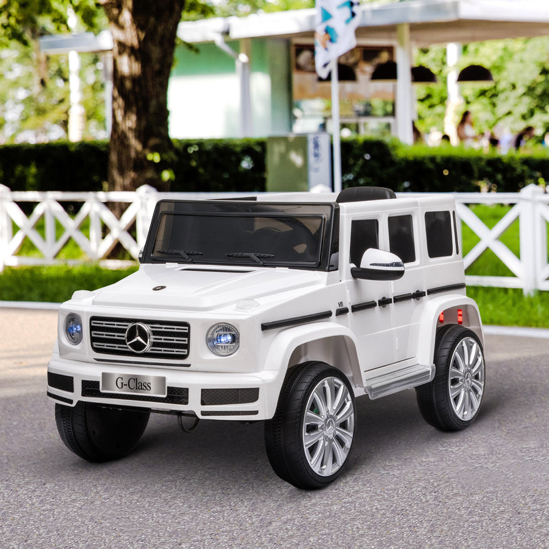 Carro Elétrico para Crianças acima de 3 Anos BENZ G500 Todo-o-Terreno com Bateria 12V Veículo Elétrico com Controlo Remoto Música Buzina Velocidade 3-5 km/h Carga 30 kg Branco