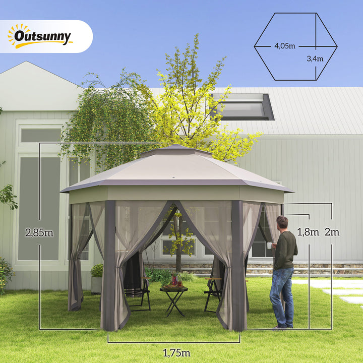 Tenda Dobrável 4x3,4 m Tenda de Jardim Hexagonal com Duplo Teto 6 Mosquiteiras Destacáveis e Saco de Transporte Impermeável Anti-UV para Exterior Festas Castanho e Bege