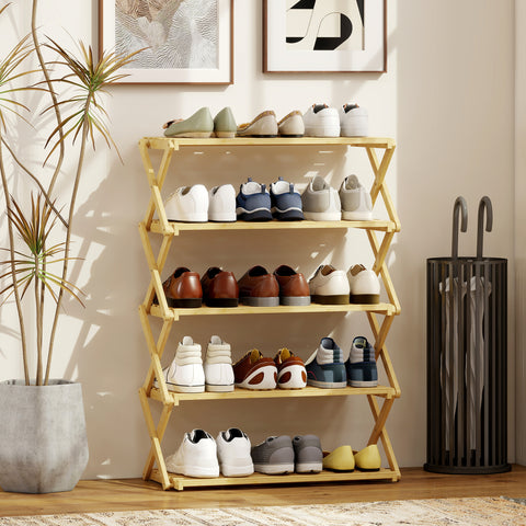 Sapateira Estreita de Bambu Sapateira Vertical Dobrável de 5 Níveis Sem Instalação Prateleira para Sapatos para Entrada Corredor Quarto 60x29x88 cm Madeira