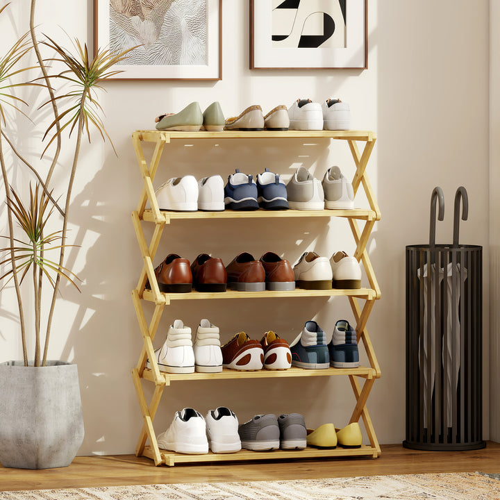 Sapateira Estreita de Bambu Sapateira Vertical Dobrável de 5 Níveis Sem Instalação Prateleira para Sapatos para Entrada Corredor Quarto 60x29x88 cm Madeira