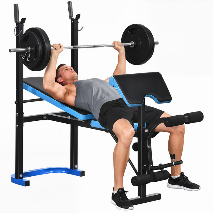 Banco de Musculação Multifuncional Banco de Pesos com Suporte para Barras e Encosto Ajustável para Treino Completo de Corpo em Casa Ginásio 155x56,5x120 cm Preto e Azul