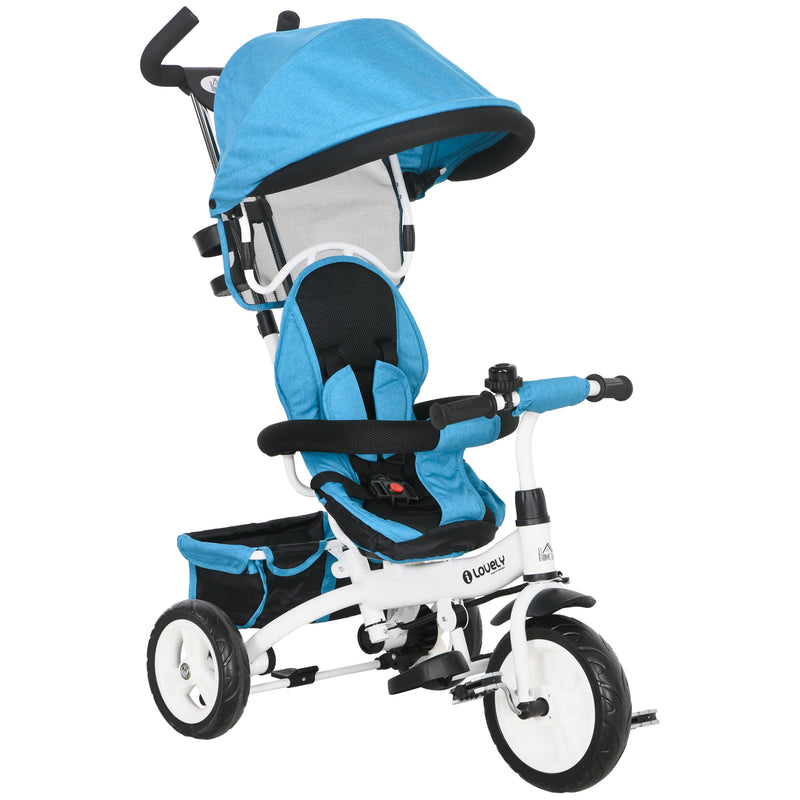 Triciclo para Bebés 2 em 1 Triciclo Evolutivo para Crianças de +12 Meses com Toldo Dobrável Guiador Telescópico e Removível Cinto de Segurança e Cesto 95x50x106 cm Azul