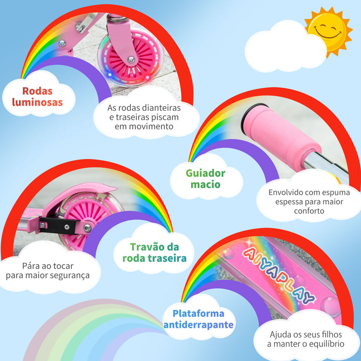Trotinete para Crianças Dobrável Trotinete Infantil com Luzes e Música 4 Alturas Ajustável Rodas Brilhantes e Pedal LED para 3-7 Anos Carga 50 kg 67x32x65-78 cm Rosa